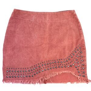 POL Corduroy Mini Skirt in Coral, Women’s S, Festival Skirt Cowgirl Studs Fringe